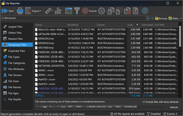 Temporary Files Report